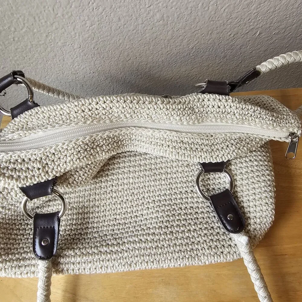 Croft & Barrow Crochet Knit Tote Bag Cream Shoulder Purse Coastal Boho Earthy